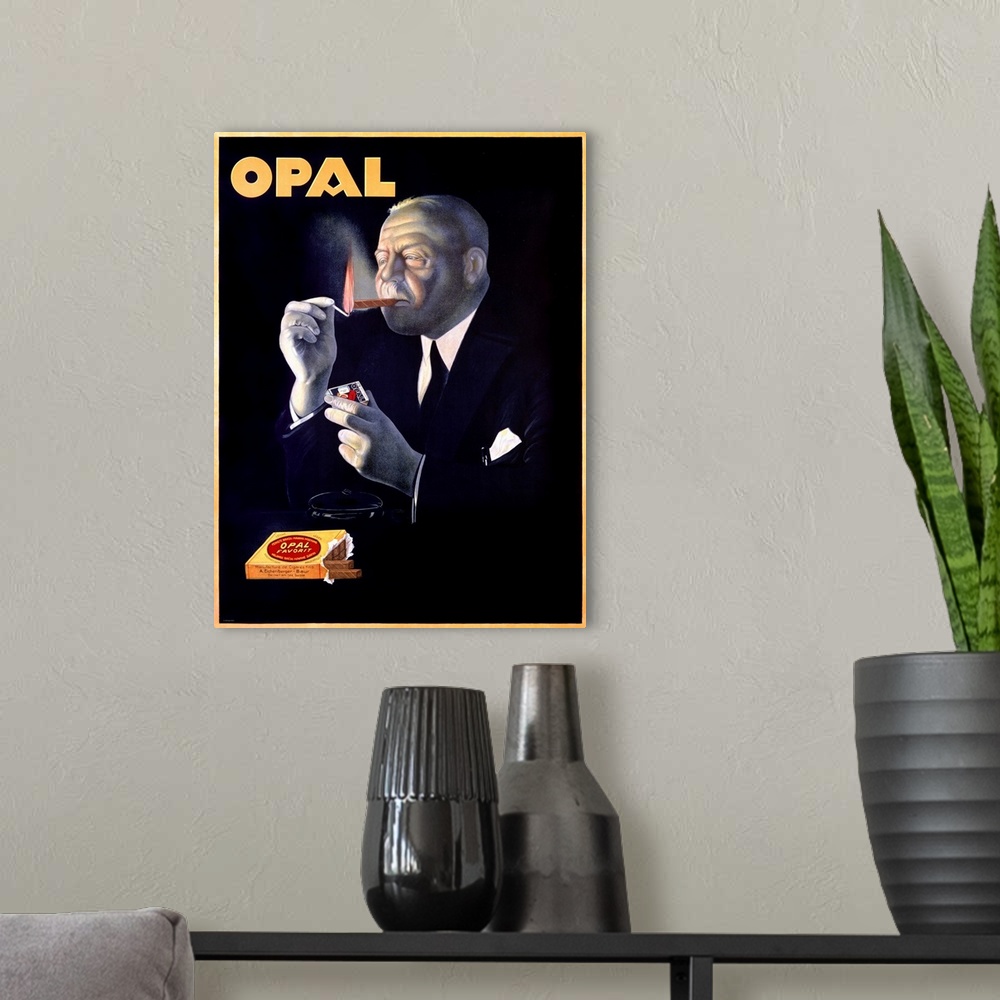 A modern room featuring Opal, cigars, Vintage Poster