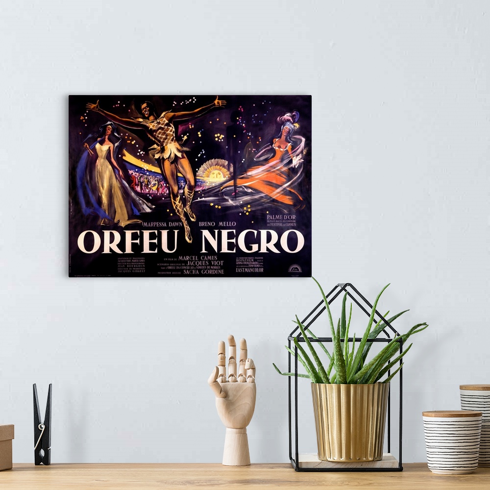 A bohemian room featuring Vintage poster of the Orefu Negro. Three characters are drawn in the foreground all in movement a...