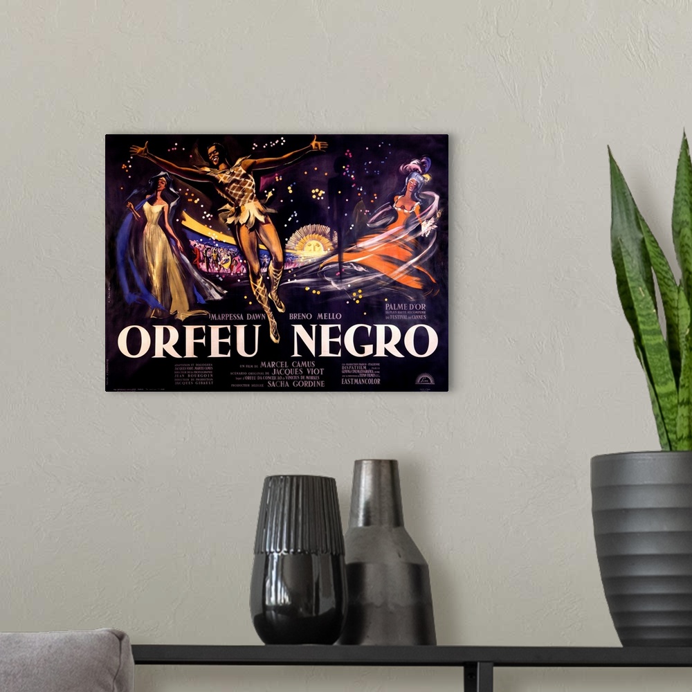 A modern room featuring Vintage poster of the Orefu Negro. Three characters are drawn in the foreground all in movement a...
