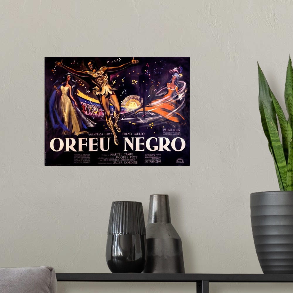 A modern room featuring Vintage poster of the Orefu Negro. Three characters are drawn in the foreground all in movement a...