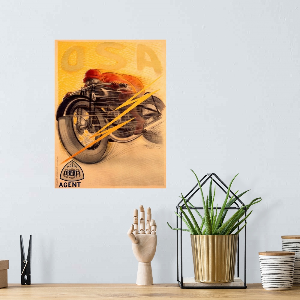 A bohemian room featuring OSA Liberty Motorcycle Vintage Advertising Poster