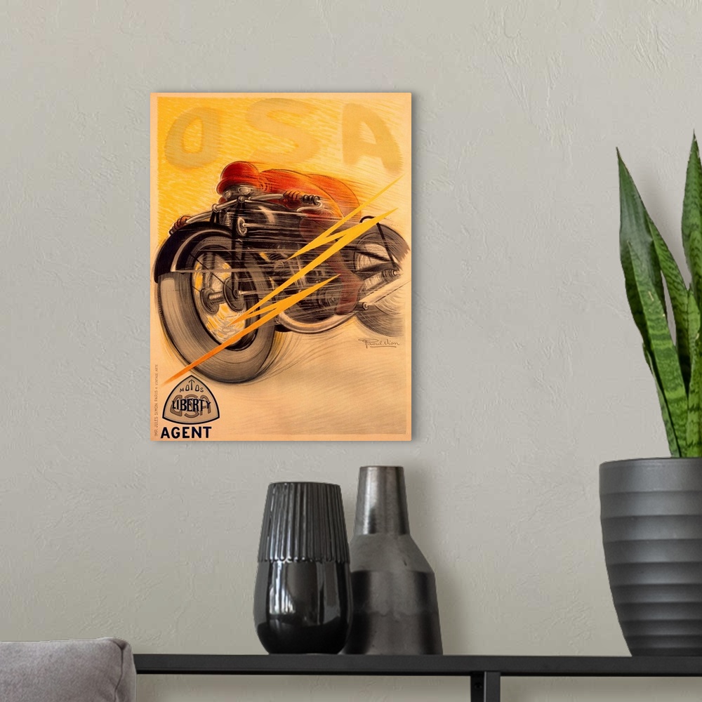 A modern room featuring OSA Liberty Motorcycle Vintage Advertising Poster