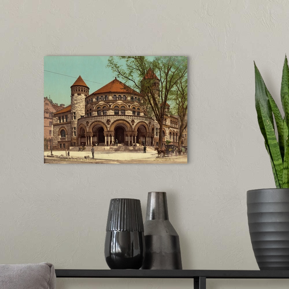 A modern room featuring Hand colored photograph of Osborn Hall, Yale college.