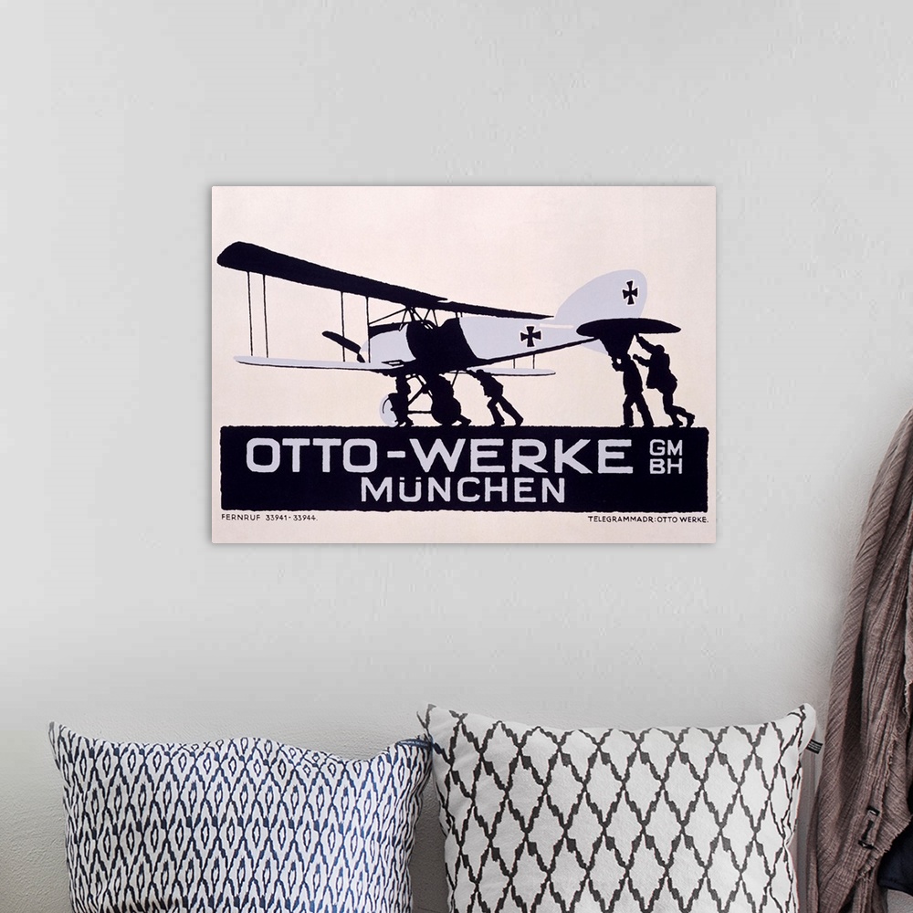 A bohemian room featuring Vintage poster of several men pushing a small aircraft about to take off.