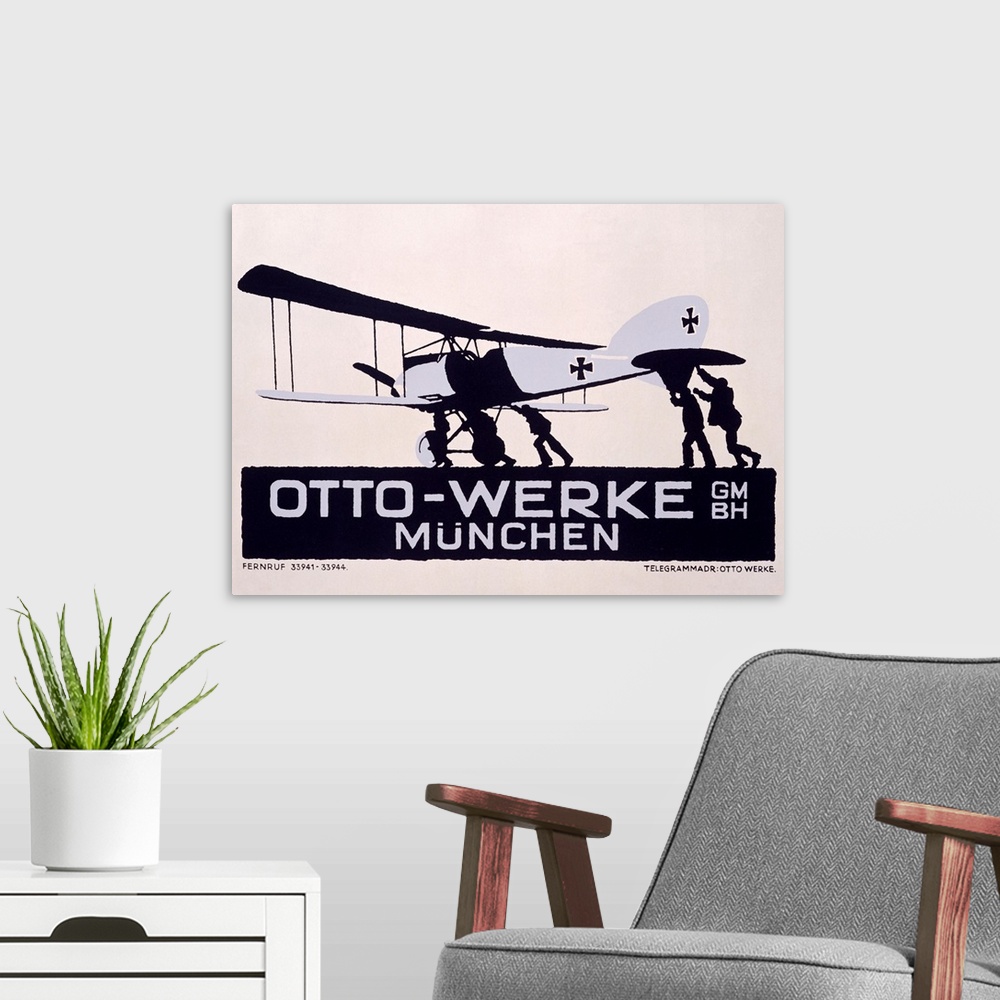 A modern room featuring Vintage poster of several men pushing a small aircraft about to take off.