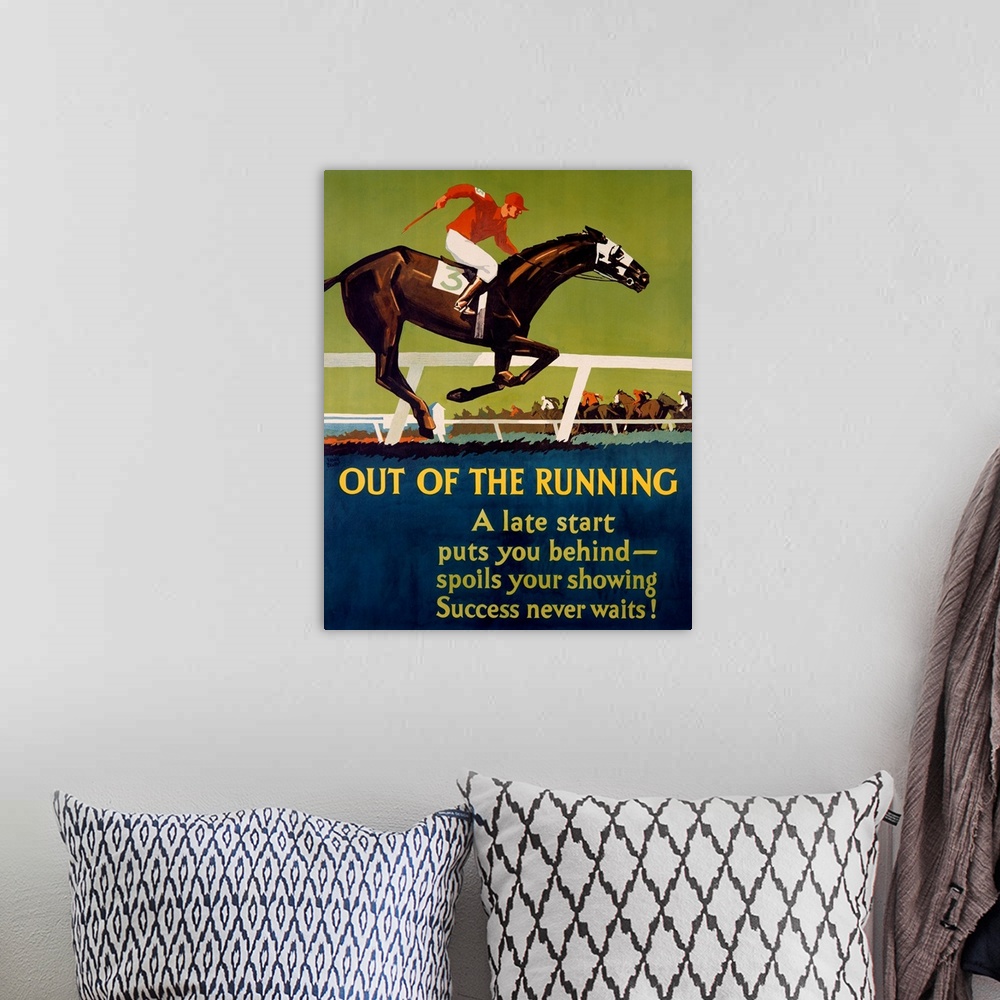 A bohemian room featuring This antique artwork shows an illustration horse and jockey far behind the rest of the racers. Th...