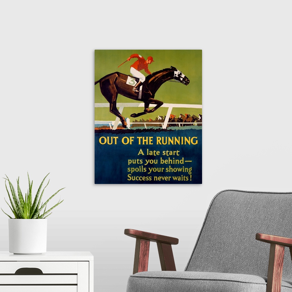 A modern room featuring This antique artwork shows an illustration horse and jockey far behind the rest of the racers. Th...