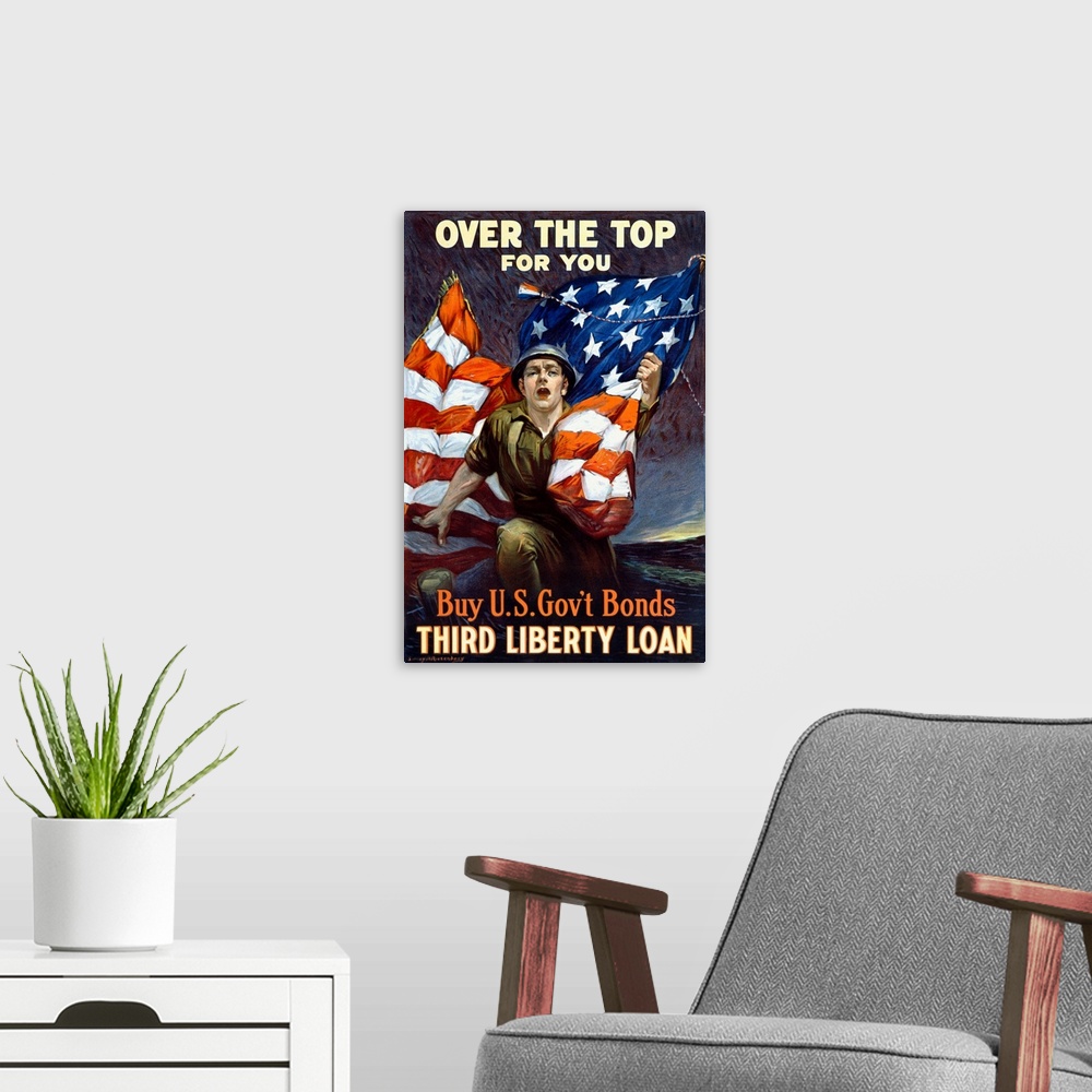 A modern room featuring Over the Top for You, Third Liberty Loan, Vintage Poster, by Reisenberg