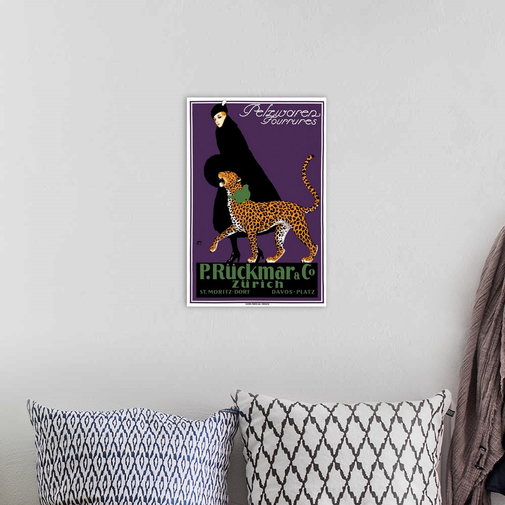 A bohemian room featuring Vintage travel poster for Zurich of a woman in a black hat and dress coat walking side by side a ...