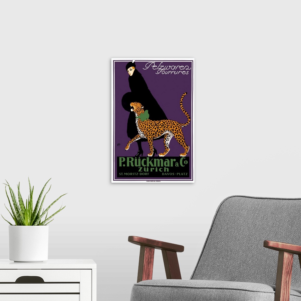 A modern room featuring Vintage travel poster for Zurich of a woman in a black hat and dress coat walking side by side a ...