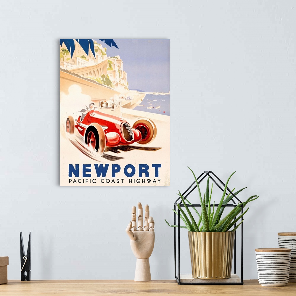 A bohemian room featuring Pacific Coast Highway Vintage Advertising Poster