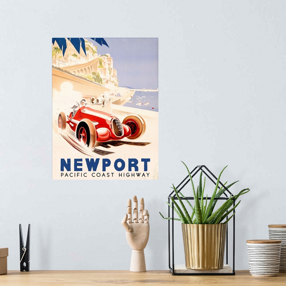 A bohemian room featuring Pacific Coast Highway Vintage Advertising Poster
