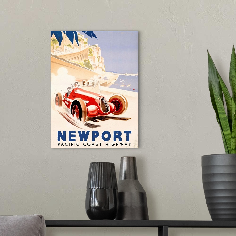 A modern room featuring Pacific Coast Highway Vintage Advertising Poster