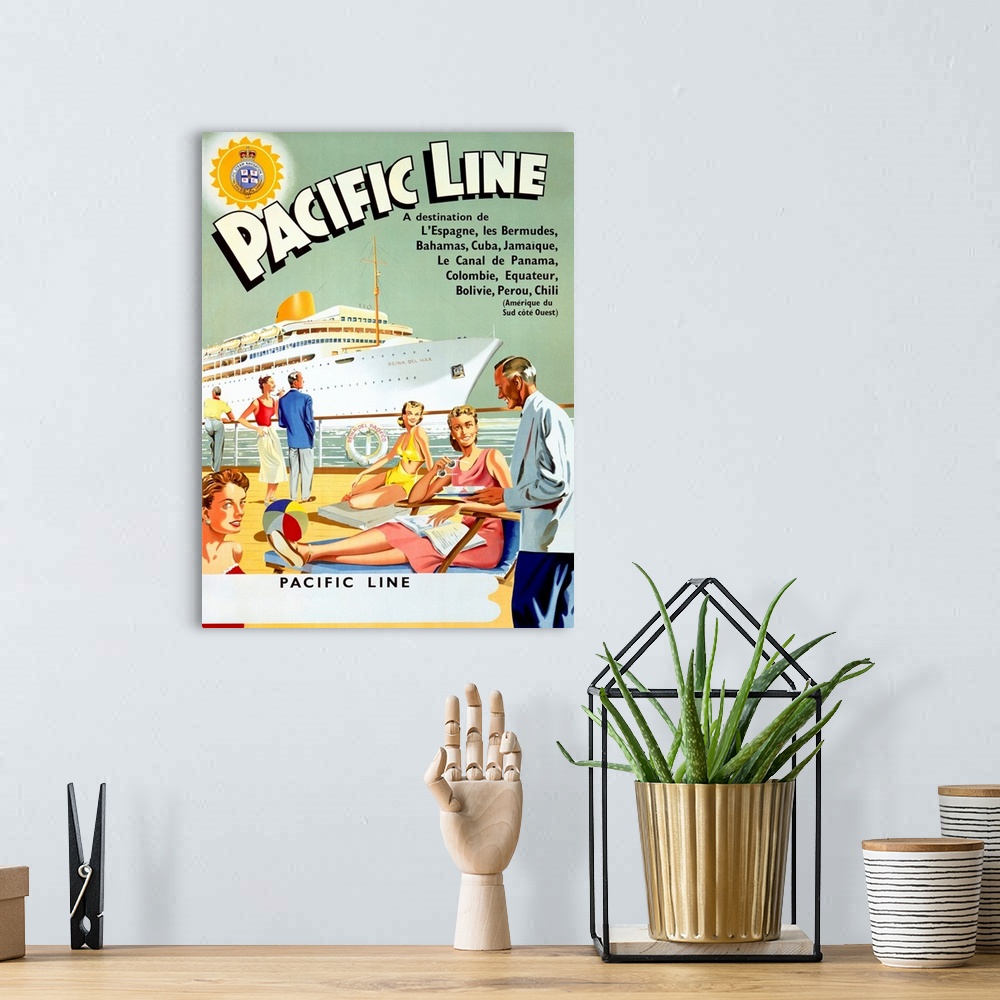 A bohemian room featuring Retro poster on canvas of people lounging on the deck of a cruise ship with another cruise ship i...