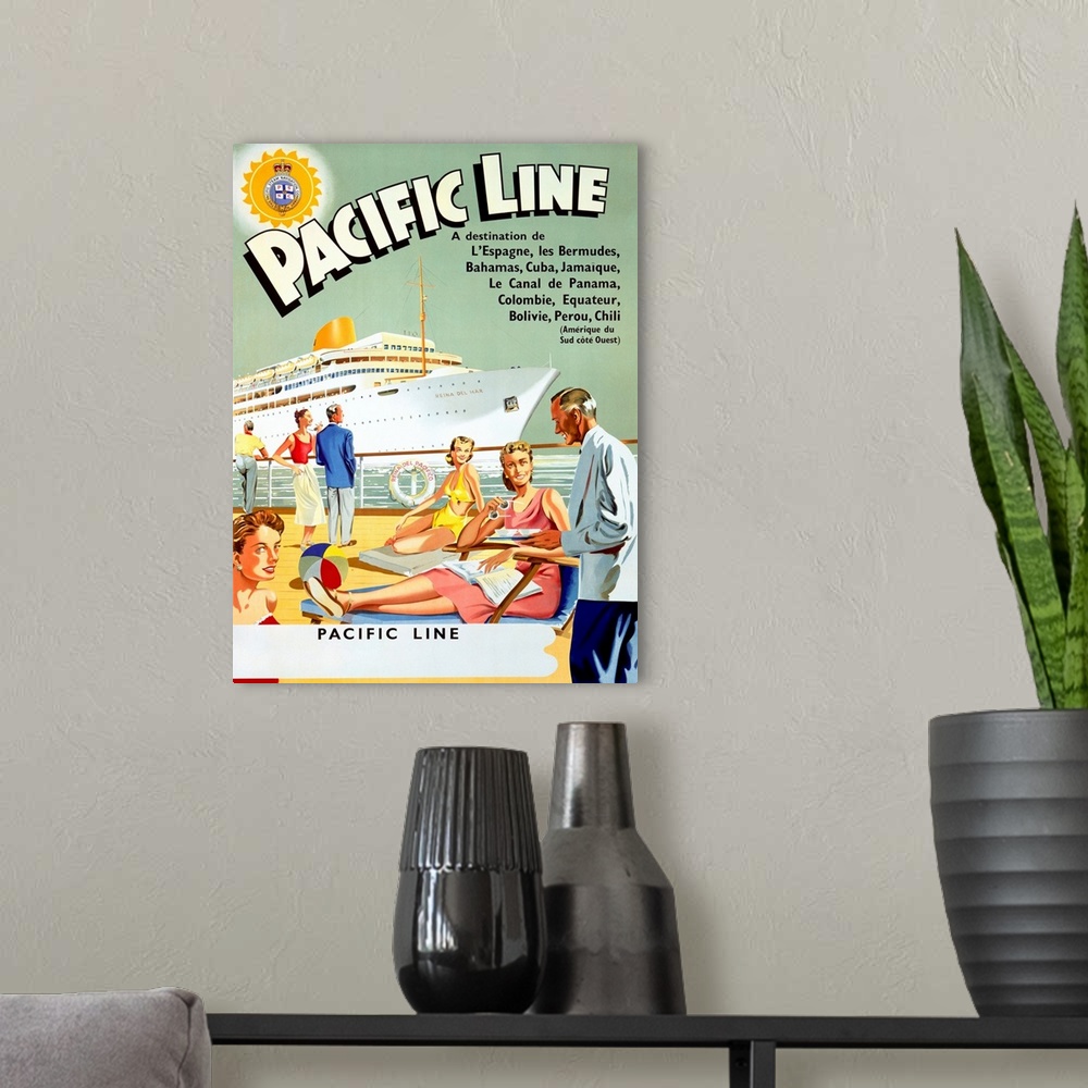 A modern room featuring Retro poster on canvas of people lounging on the deck of a cruise ship with another cruise ship i...