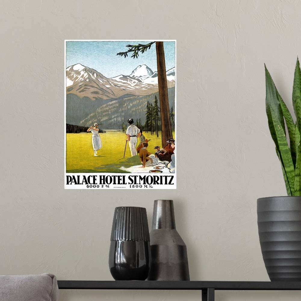 A modern room featuring Palace Hotel/ St. Moritz Vintage Advertising Poster