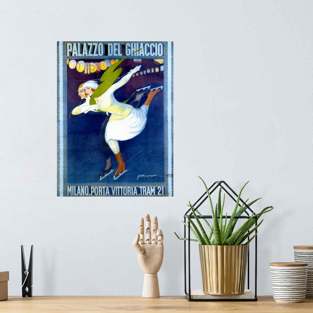 A bohemian room featuring Vertical, vintage advertisement on a large wall hanging, for Palazzo Del Ghiaccio, featuring a ma...