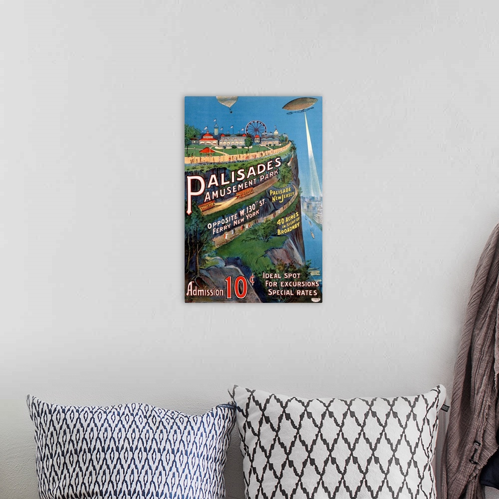 A bohemian room featuring Palisades Amusement Park Vintage Advertising Poster