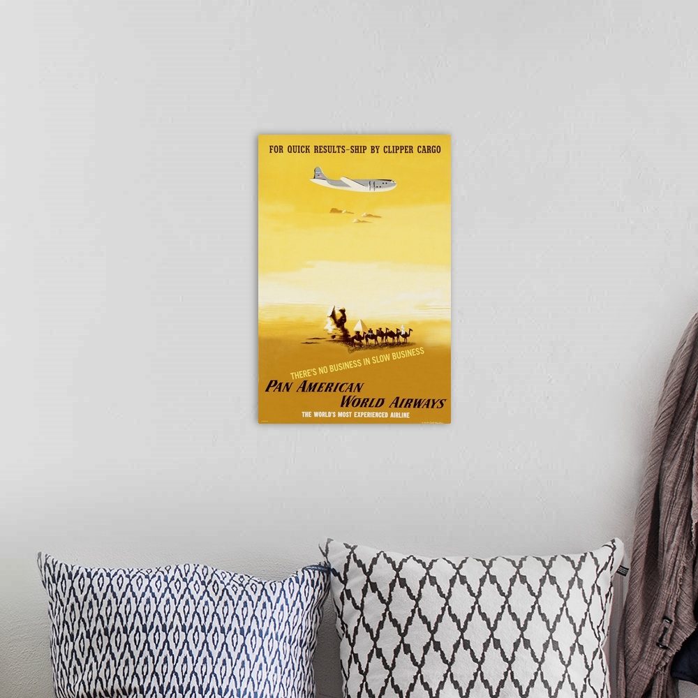 A bohemian room featuring This is a vertical retro advertisement of a cargo plane flying over a drawing of the Sphinx and c...
