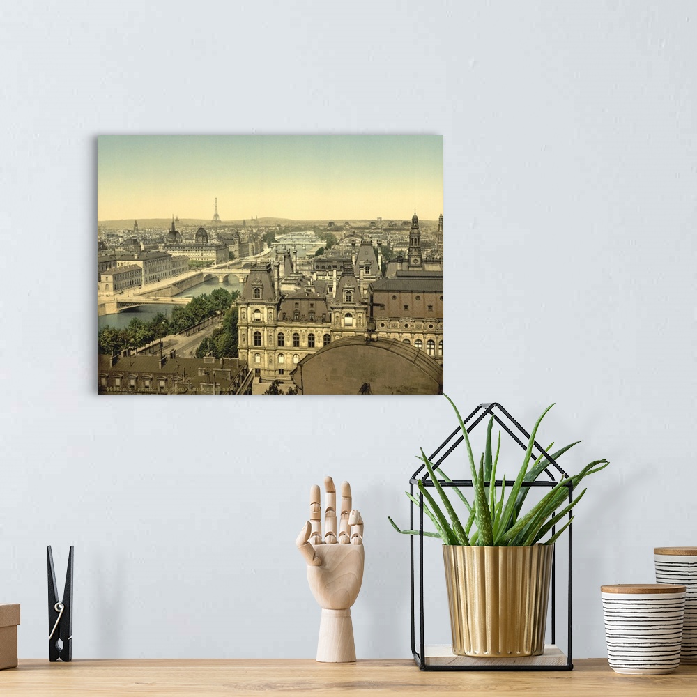 A bohemian room featuring Hand colored photograph of panorama of the seven bridges, Paris, France.