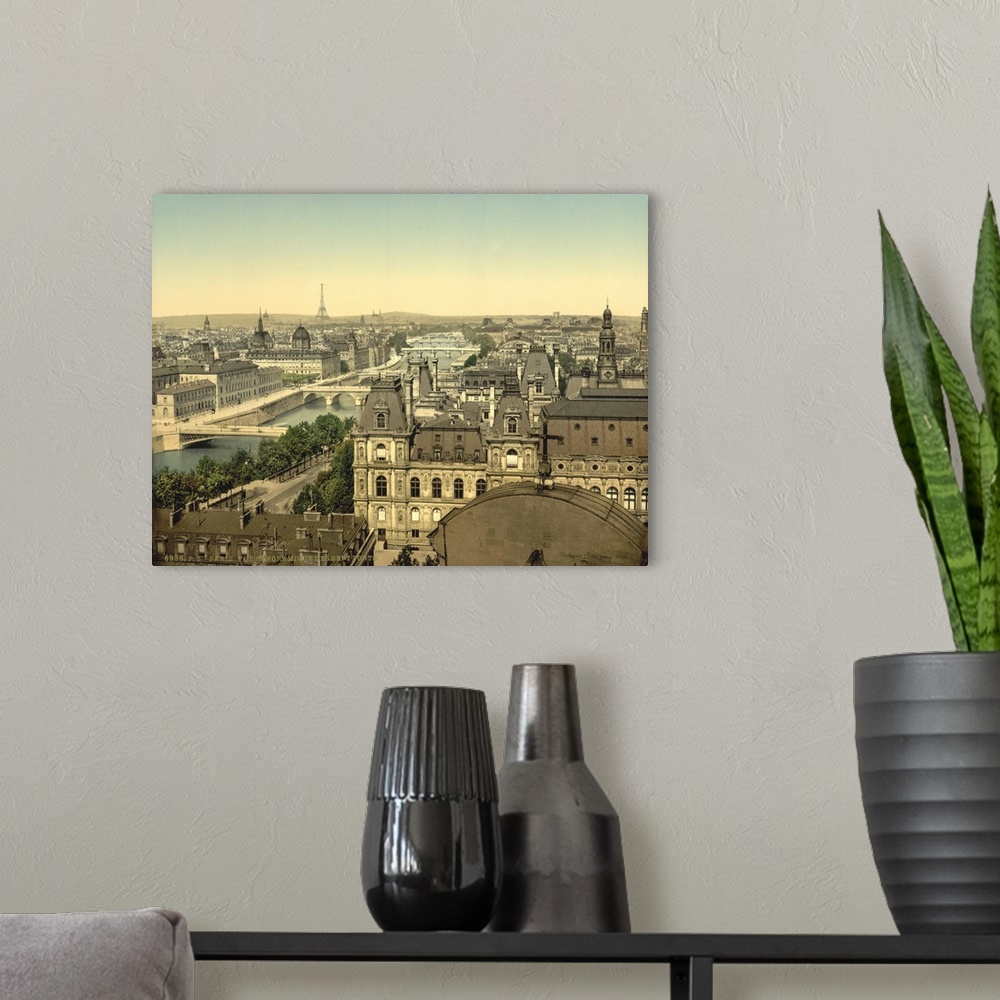 A modern room featuring Hand colored photograph of panorama of the seven bridges, Paris, France.