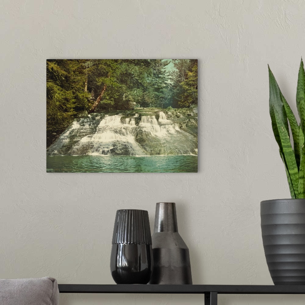 A modern room featuring Hand colored photograph of Paradise Falls, Pocono mountains, Pennsylvania.