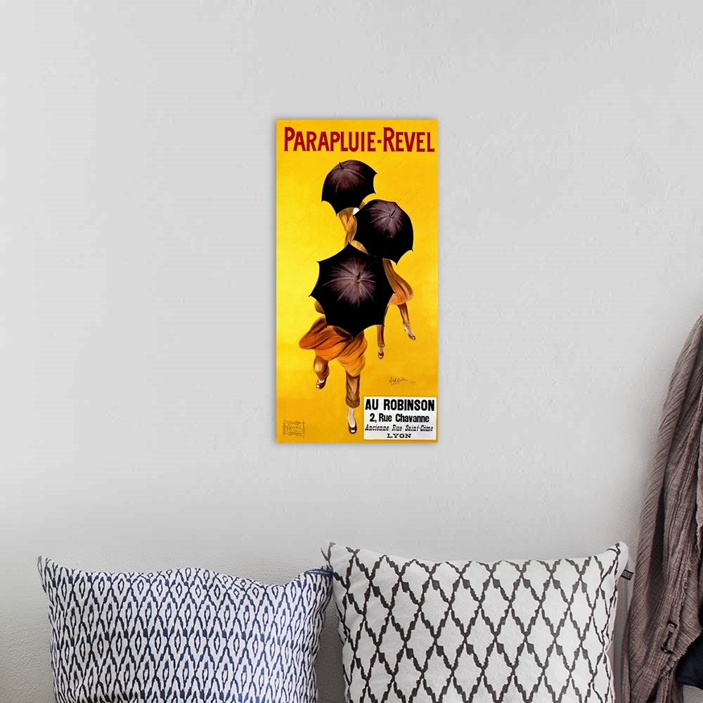 A bohemian room featuring Vertical, big vintage advertisement of Parapluie Revel, three people dancing in the rain, their f...