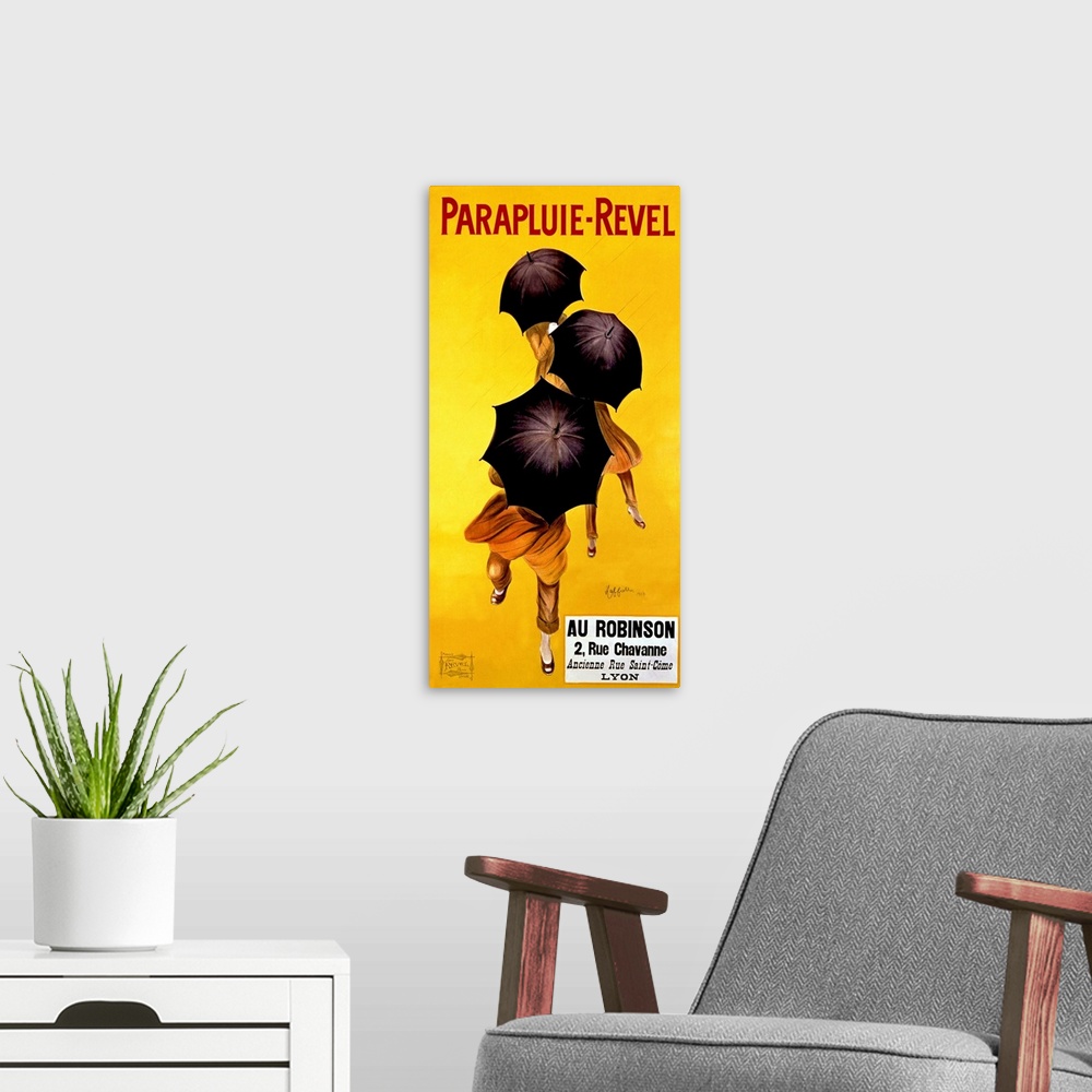 A modern room featuring Vertical, big vintage advertisement of Parapluie Revel, three people dancing in the rain, their f...