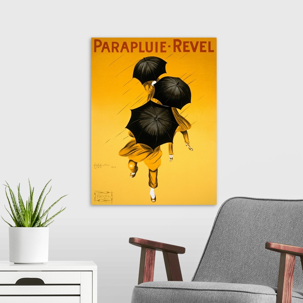A modern room featuring Big vintage art shows three women with umbrellas in the rain of a Parapluie Revel advertisement.