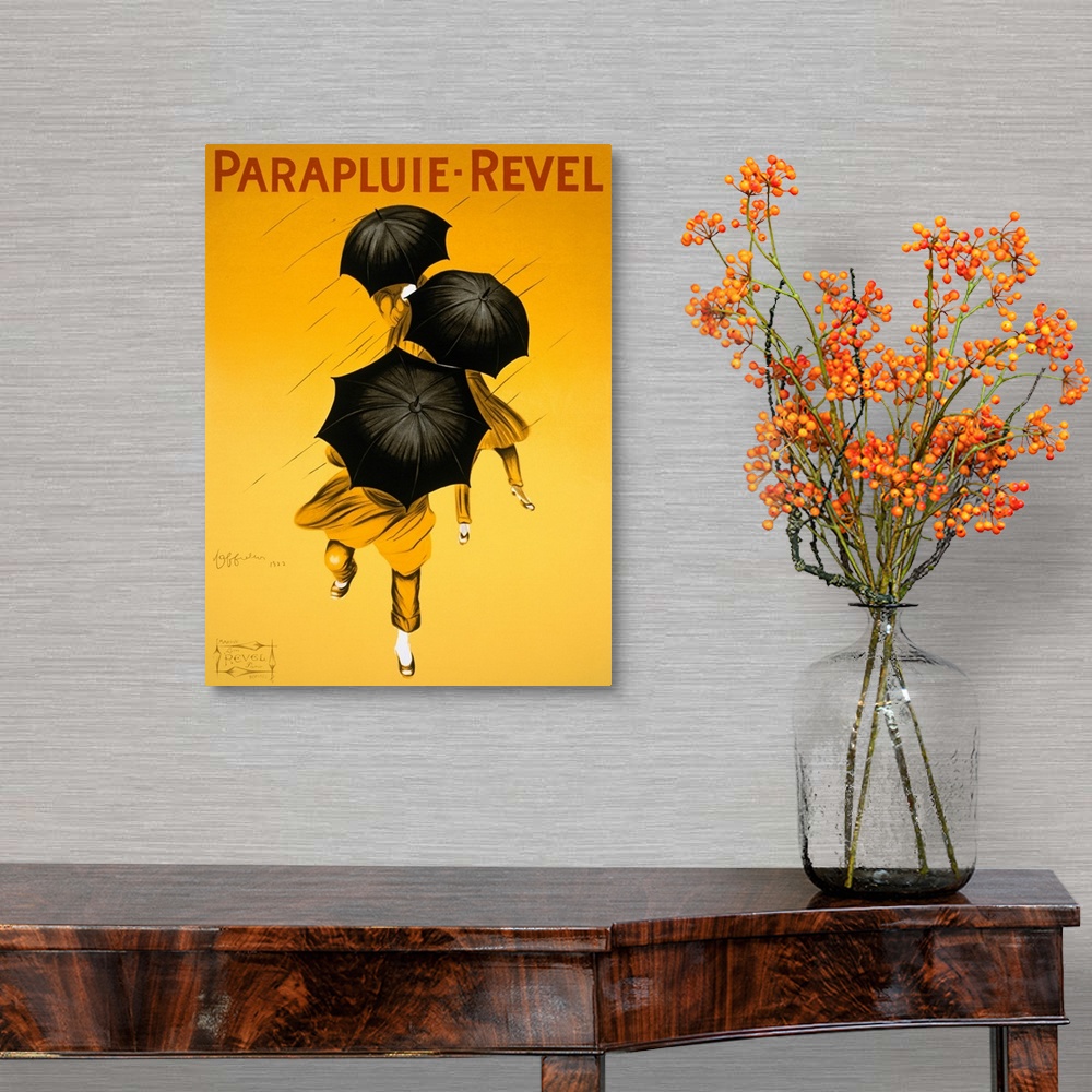 A traditional room featuring Big vintage art shows three women with umbrellas in the rain of a Parapluie Revel advertisement.