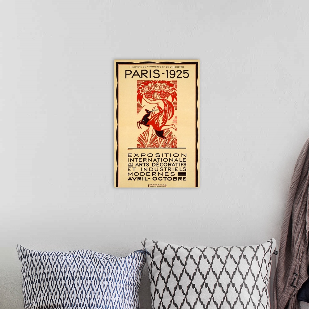 A bohemian room featuring Antique art work of advertising piece showcasing an event in Paris, France.  The poster features ...