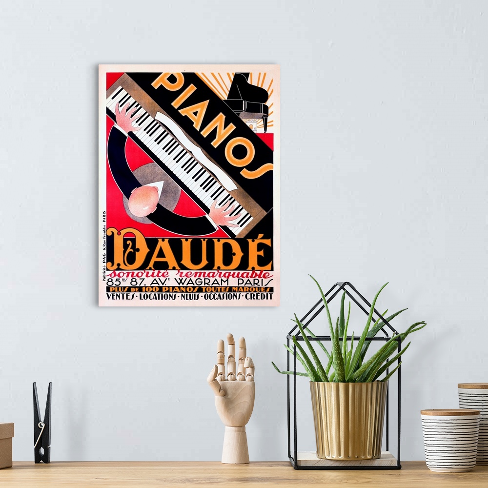 A bohemian room featuring Paris Daube Piano Sales Vintage Advertising Poster