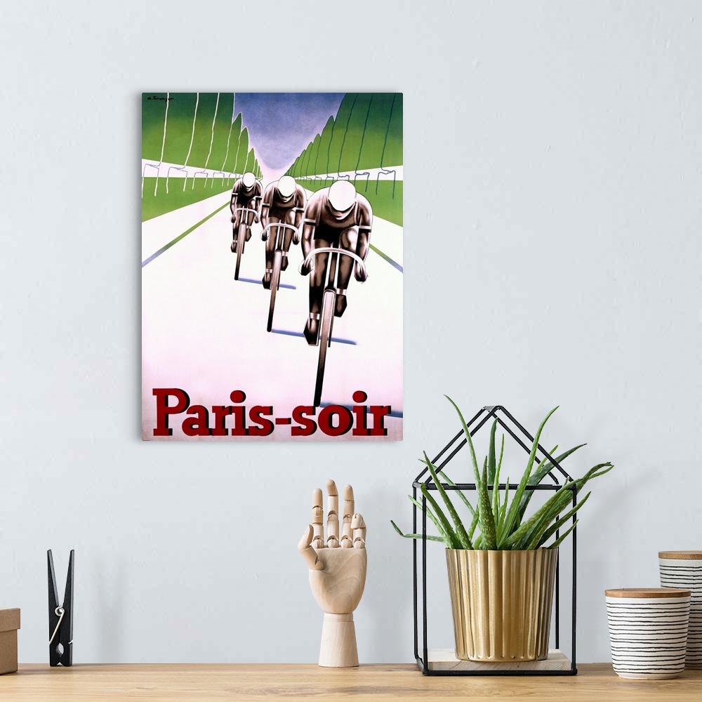 A bohemian room featuring French advertisement for Paris in the Evening of an illustration of three cyclists pedaling down ...