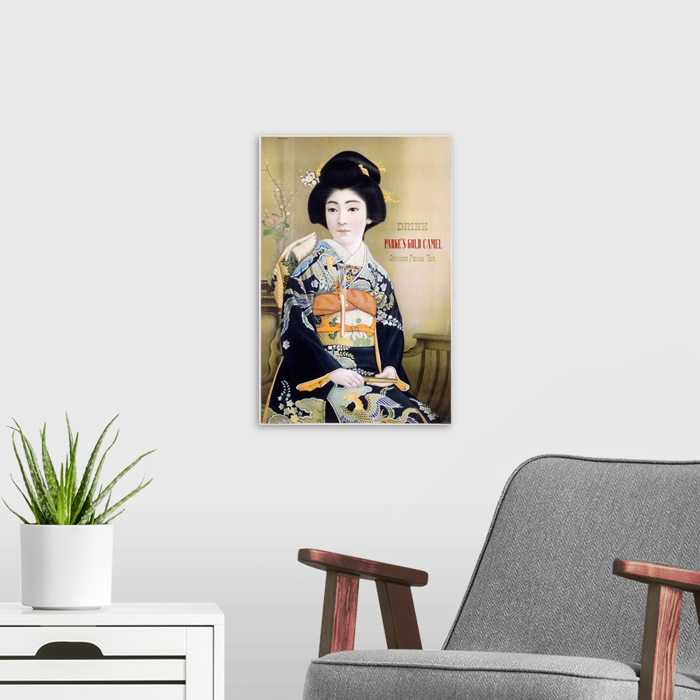 A modern room featuring Parkes Gold Camel, Vintage Poster