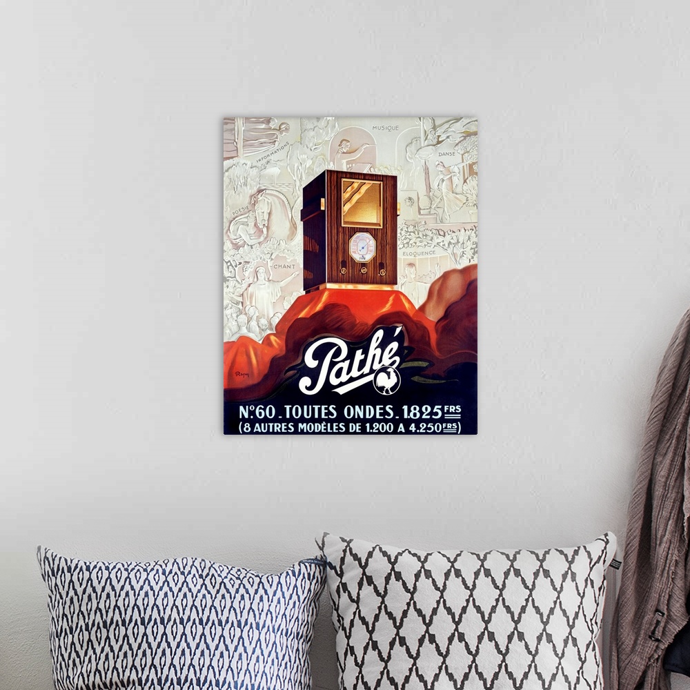 A bohemian room featuring Pathe, Tube Radio, Vintage Poster