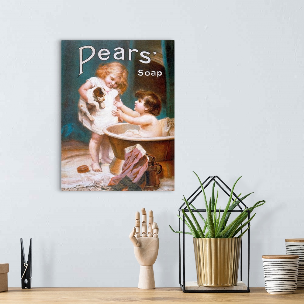 A bohemian room featuring Pears Soap Childrens Puppy Vintage Advertising Poster