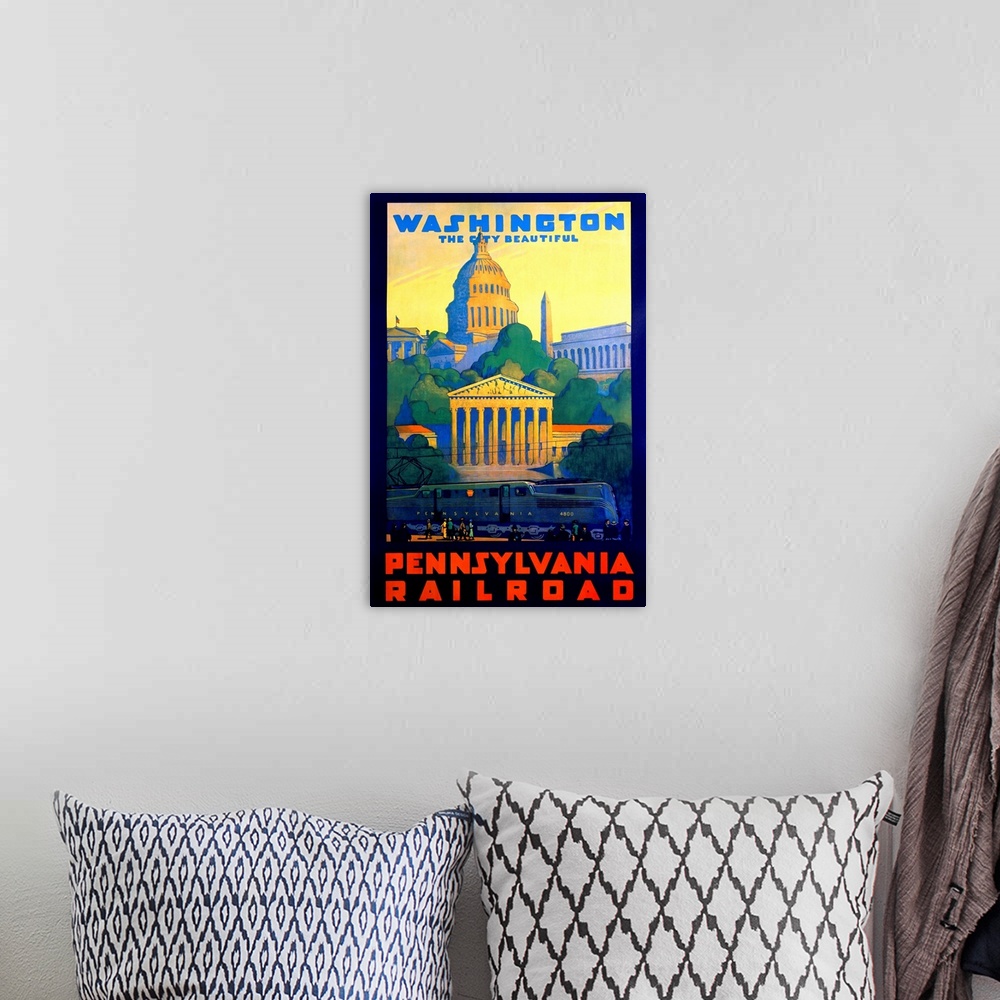 A bohemian room featuring Tall antique poster advertisement with the different iconic D.C. monuments with a big train in fr...