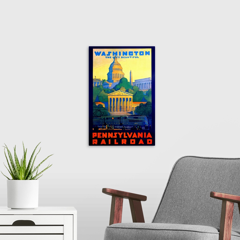 A modern room featuring Tall antique poster advertisement with the different iconic D.C. monuments with a big train in fr...