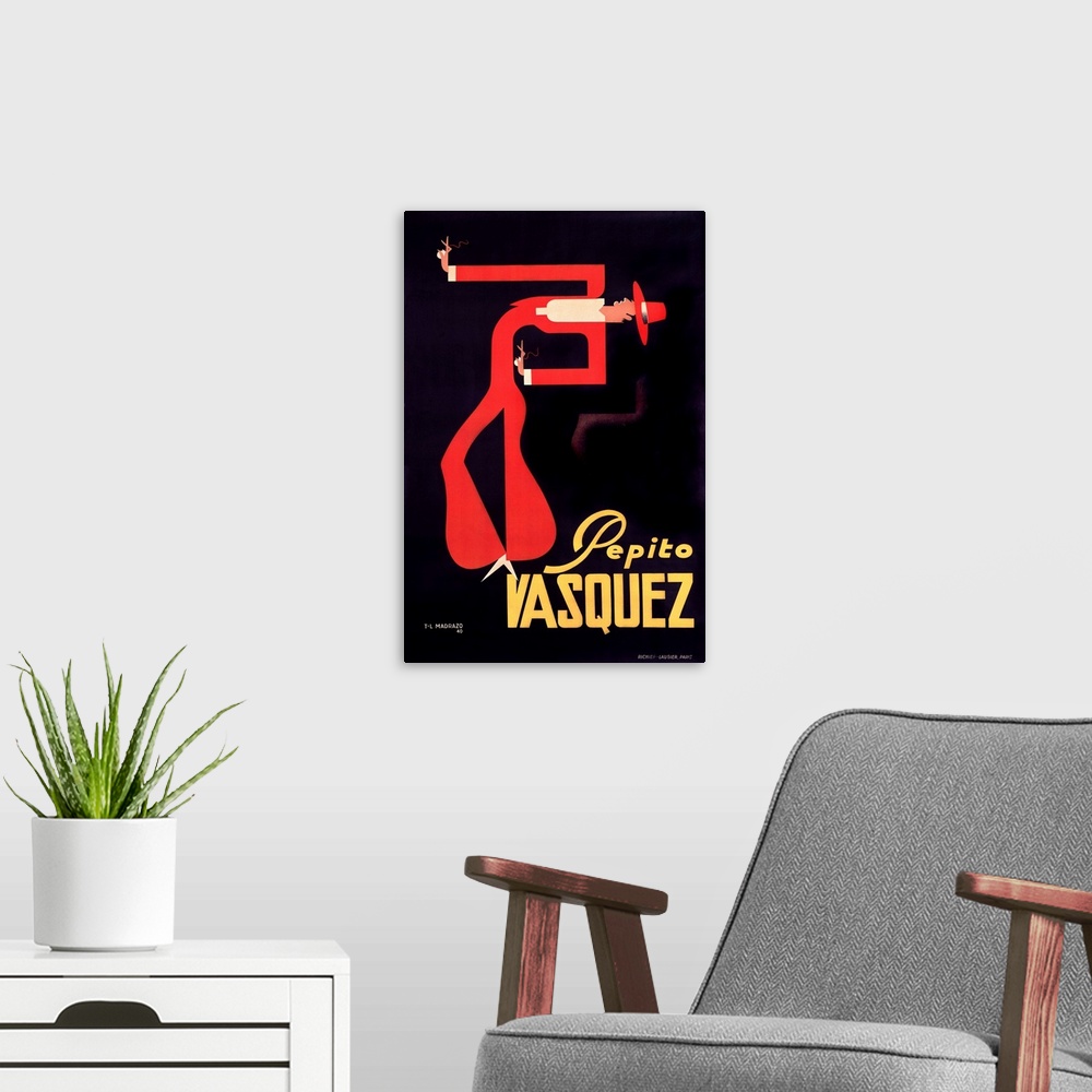 A modern room featuring Vintage advertisement featuring a Spanish dancer with a sharp red hat and a matching suit, done i...