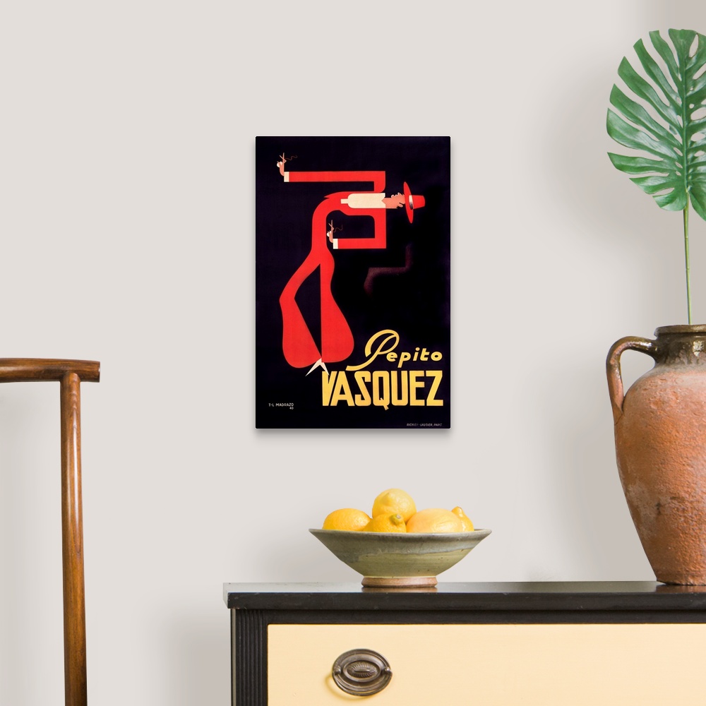 A traditional room featuring Vintage advertisement featuring a Spanish dancer with a sharp red hat and a matching suit, done i...