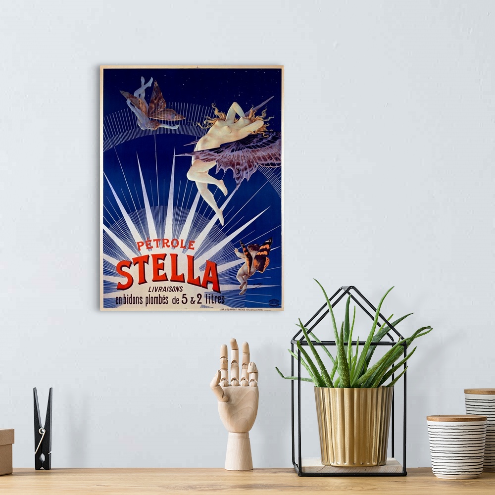 A bohemian room featuring Old poster print advertising an event.  There is an image of three nude bodies with butterfly win...
