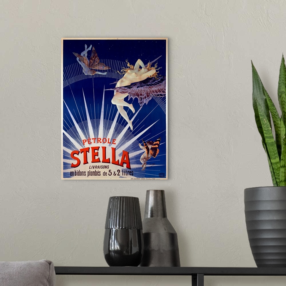 A modern room featuring Old poster print advertising an event.  There is an image of three nude bodies with butterfly win...