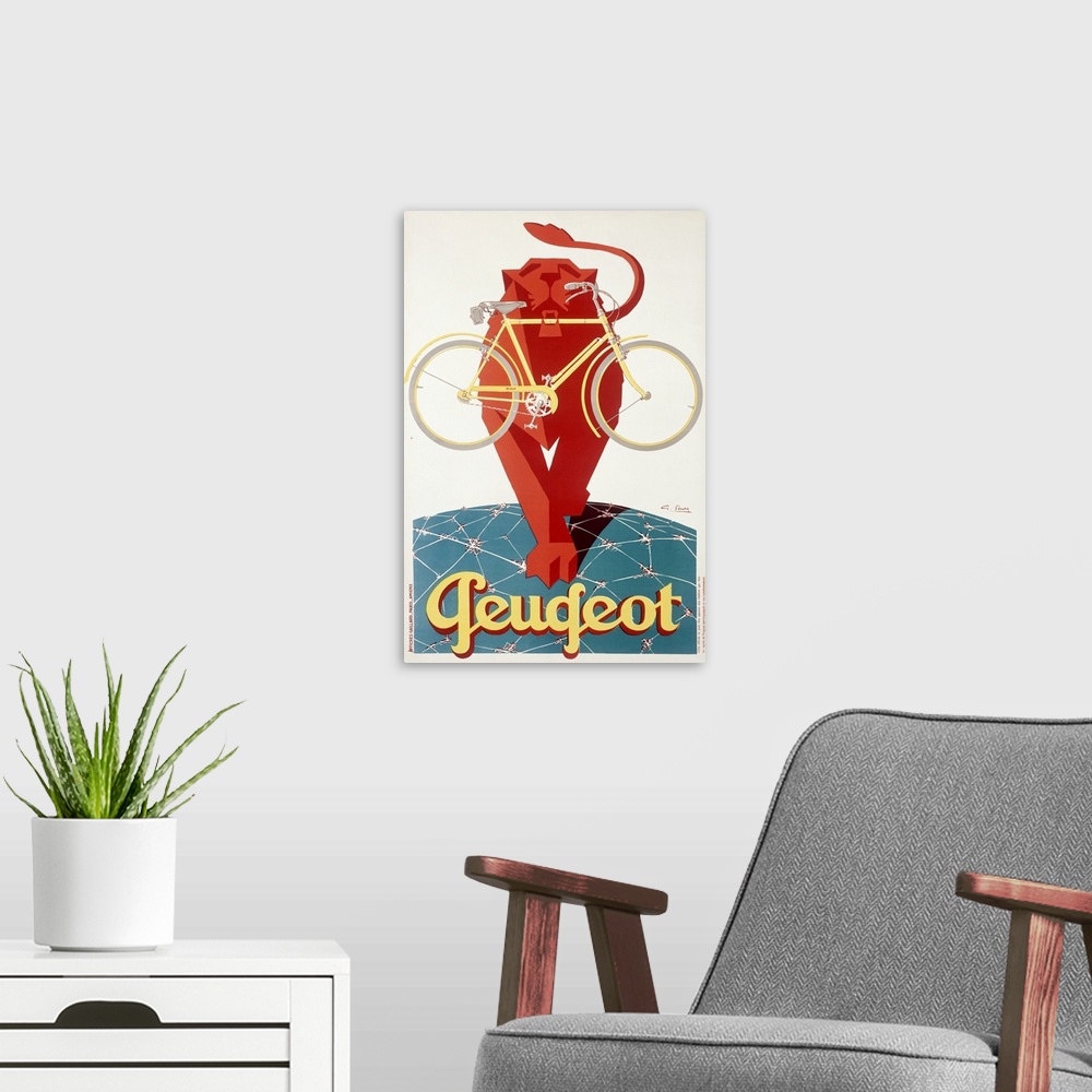 A modern room featuring Classic advertisement for Peugot Bicycles featuring a lion walking over what appears to be the gl...