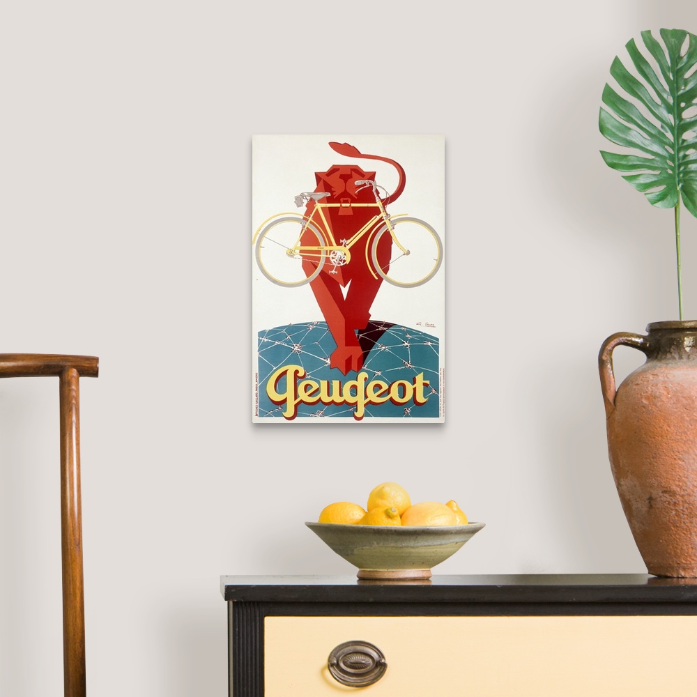 A traditional room featuring Classic advertisement for Peugot Bicycles featuring a lion walking over what appears to be the gl...