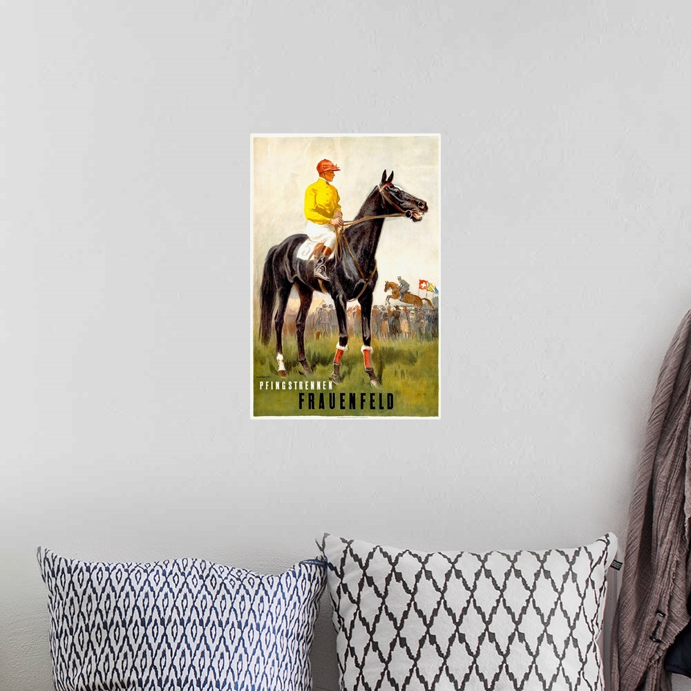 A bohemian room featuring Vintage poster of a jockey sitting on its horse while another jockey is competing with his horse ...