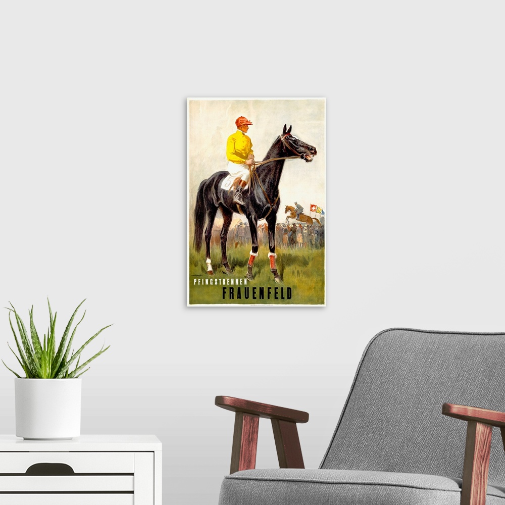 A modern room featuring Vintage poster of a jockey sitting on its horse while another jockey is competing with his horse ...