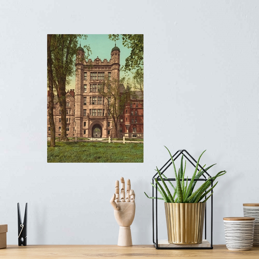 A bohemian room featuring Hand colored photograph of Phelps Hall and gateway, Yale college.