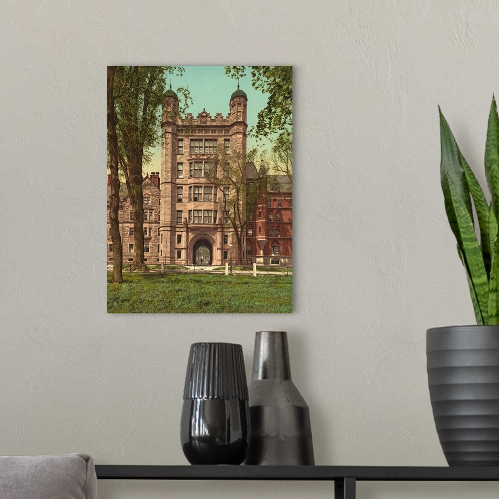 A modern room featuring Hand colored photograph of Phelps Hall and gateway, Yale college.