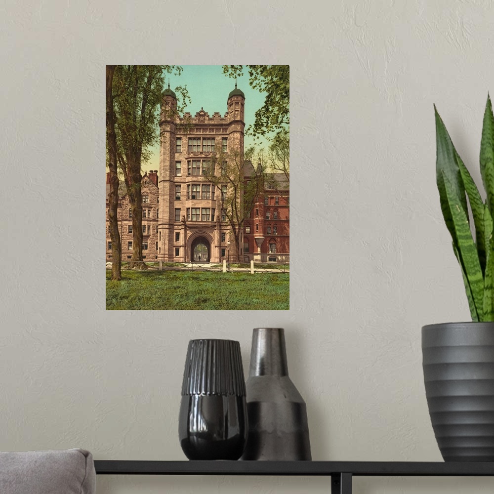 A modern room featuring Hand colored photograph of Phelps Hall and gateway, Yale college.