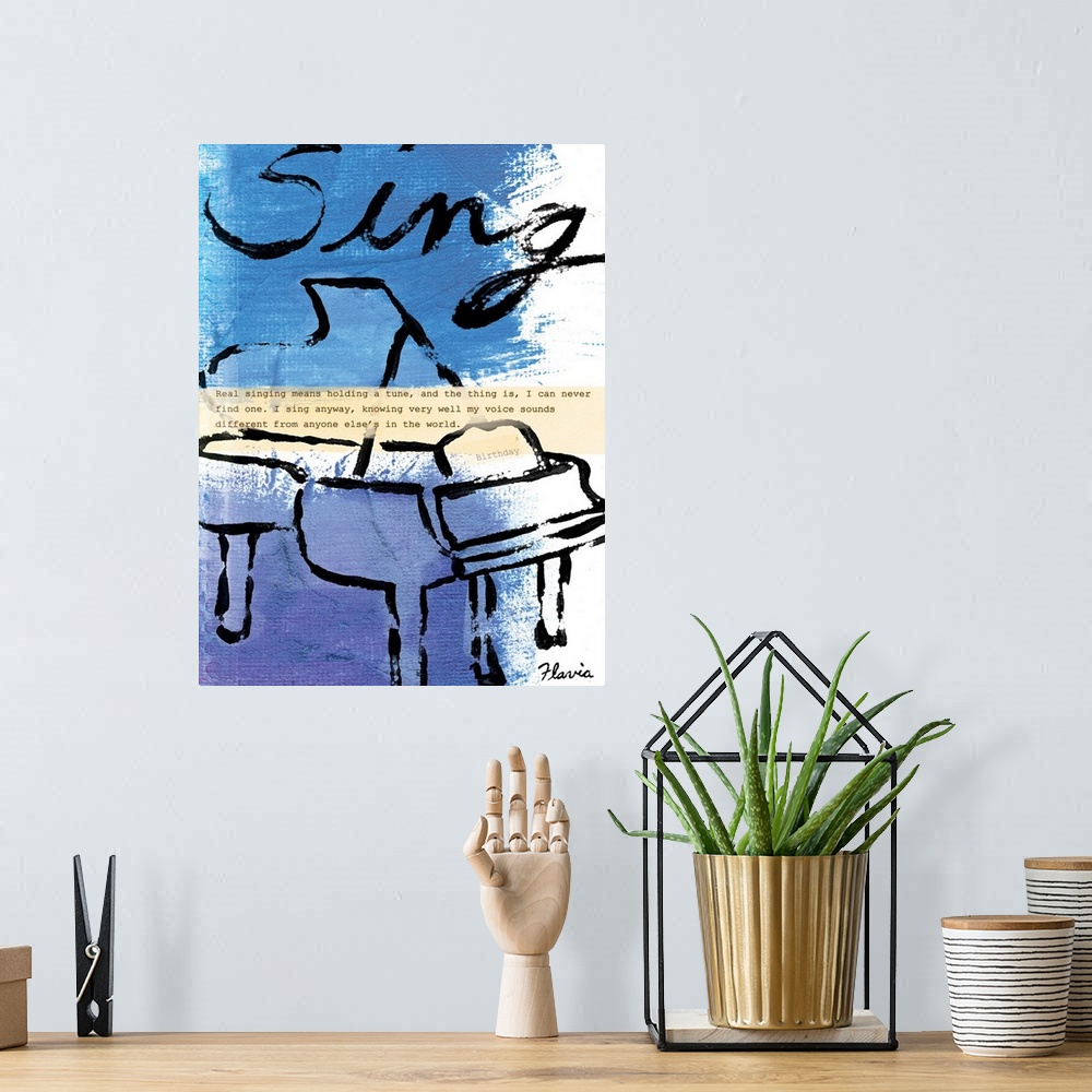 A bohemian room featuring Mixed media artwork of a piano outline with the text "sing" above it and a quote torn from a page...